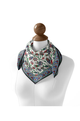 Navy Blue Anatolian Pattern Soft Square Scarf - Thumbnail