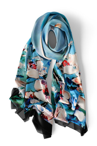 Navy Blue Anemone Pattern Silk Foulard - Thumbnail