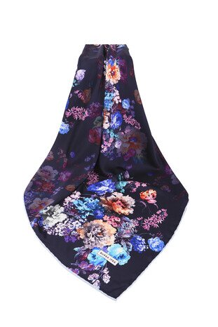 Navy Blue Begonia Pattern Silky Square Scarf - Thumbnail