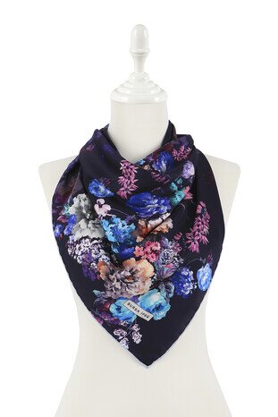 Navy Blue Begonia Pattern Silky Square Scarf - Thumbnail