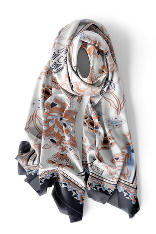 Navy Blue Beige Tile Tulip Voile Silk Foulard - Thumbnail