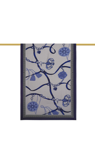 Navy Blue Belt Pattern Sura Silk Scarf - Thumbnail