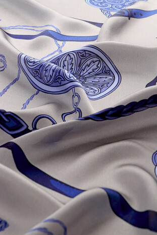 Navy Blue Belt Pattern Sura Silk Scarf - Thumbnail