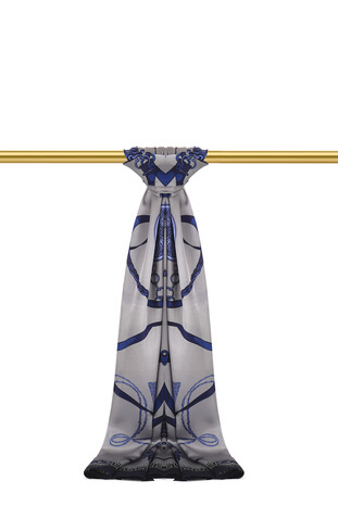 Navy Blue Belt Pattern Sura Silk Scarf - Thumbnail