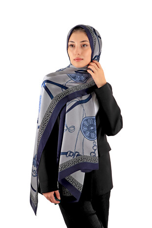 Navy Blue Belt Pattern Sura Silk Scarf - Thumbnail