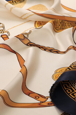 Navy Blue Belt Pattern Sura Silk Scarf - Thumbnail