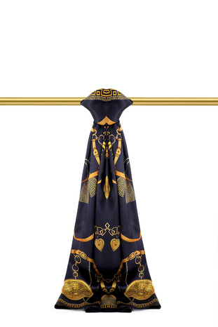 Navy Blue Belt Pattern Sura Silk Scarf - Thumbnail