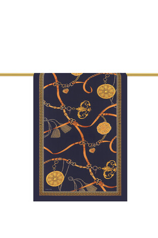 Navy Blue Belt Pattern Sura Silk Scarf - Thumbnail