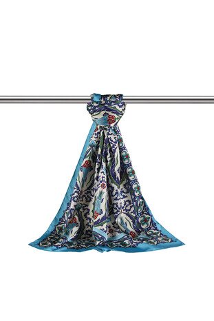 Navy Blue Blue Carnation Pattern Narrow Silky Foulard - Thumbnail