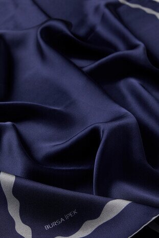 Navy Blue Bordered Water Wave Silk Square Scarf - Thumbnail