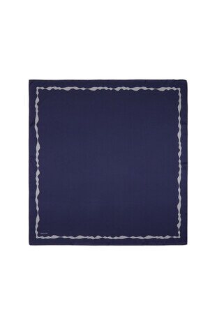 Navy Blue Bordered Water Wave Silk Square Scarf - Thumbnail