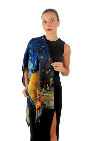 Navy Blue Cafe Street Silk Painting Foulard - Thumbnail