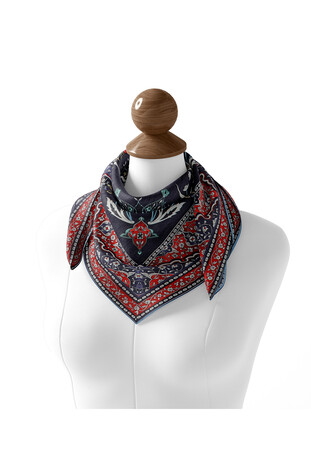 Navy Blue Candlestick Tulip Pattern Soft Square Scarf - Thumbnail