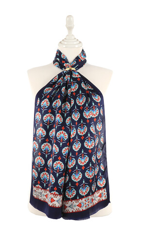 Navy Blue Carnation Pattern Silk Foulard - Thumbnail