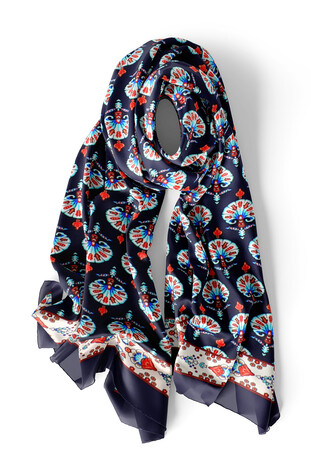 Navy Blue Carnation Pattern Silk Foulard - Thumbnail