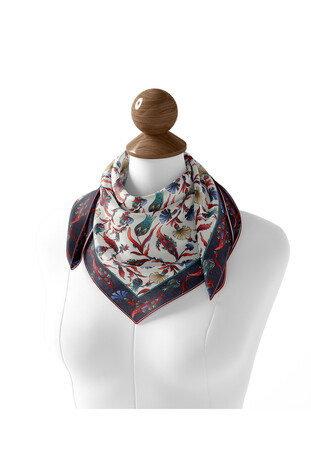 Navy Blue Carnation Tulip Pattern Soft Square Scarf - Thumbnail