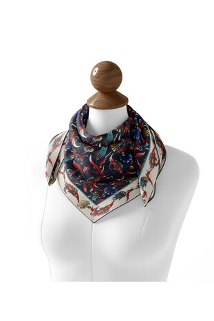 Navy Blue Carnation Tulip Pattern Soft Square Scarf - Thumbnail