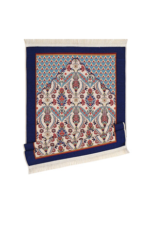 Navy Blue Carnation Tulip Pattern Tapestry Prayer Rug - Thumbnail