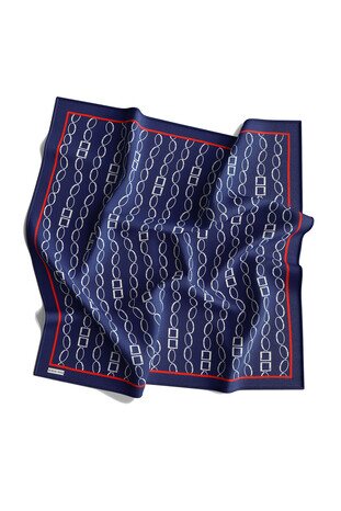 Navy Blue Chain Pattern Twill Silk Square Scarf - Thumbnail