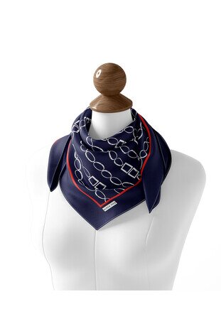 Navy Blue Chain Pattern Twill Silk Square Scarf - Thumbnail