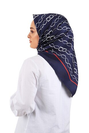 Navy Blue Chain Pattern Twill Silk Square Scarf - Thumbnail