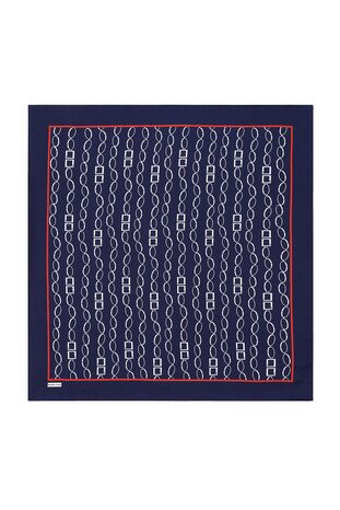 Navy Blue Chain Pattern Twill Silk Square Scarf - Thumbnail