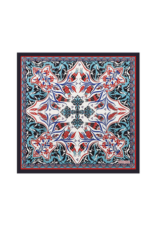 Navy Blue Cintemani Carnation Pattern Silky Pocket Square - Thumbnail