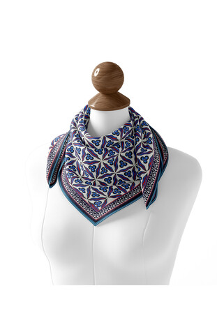 Navy Blue Cintemani Pattern Soft Square Scarf - Thumbnail