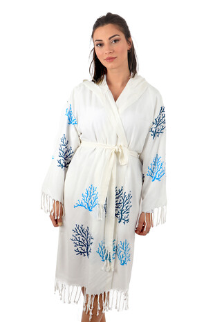 Navy Blue Coral Pattern Bamboo Bathrobe 