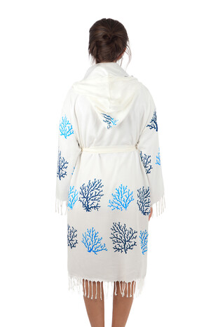 Navy Blue Coral Pattern Bamboo Bathrobe - Thumbnail