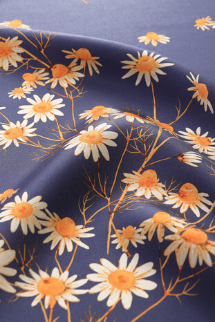 Navy Blue Daisy Pattern Twill Silk Square Scarf - Thumbnail