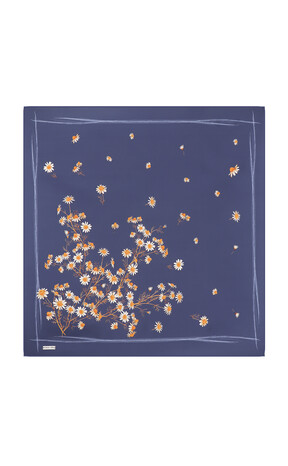 Navy Blue Daisy Pattern Twill Silk Square Scarf - Thumbnail