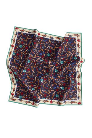 Navy Blue Ecru Carnation Tulip Pattern Silk Square Scarf - Thumbnail