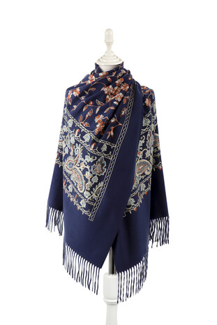 Navy Blue Embroidered Winter Shawl - Thumbnail