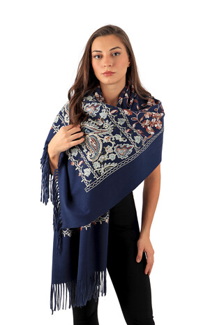 Navy Blue Embroidered Winter Shawl - Thumbnail