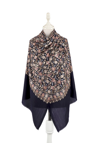 Navy Blue Embroidered Wool Silk Shawl - Thumbnail