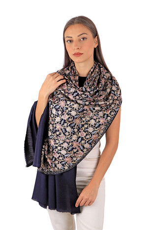 Navy Blue Embroidered Wool Silk Shawl - Thumbnail