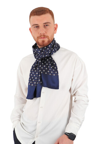 Navy Blue Floral Pattern Men's Silk Scarf - Thumbnail