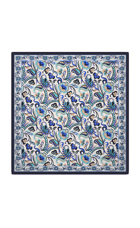 Navy Blue Floral Pattern Voile Silk Square Scarf - Thumbnail