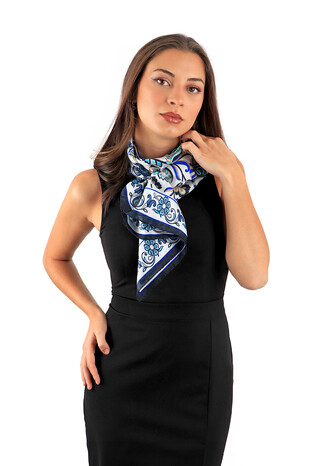 Navy Blue Floral Pattern Voile Silk Square Scarf - Thumbnail