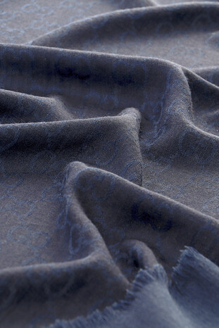 Navy Blue G Pattern Wool Silk Scarf - Thumbnail