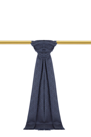 Navy Blue G Pattern Wool Silk Scarf - Thumbnail