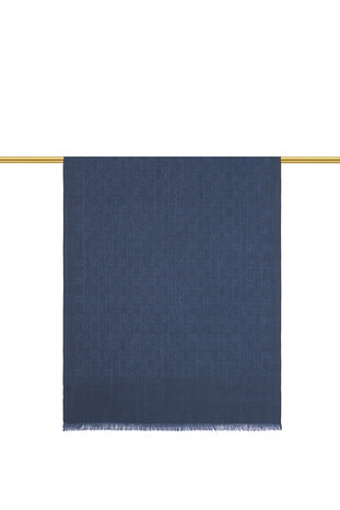 Navy Blue G Pattern Wool Silk Scarf - Thumbnail