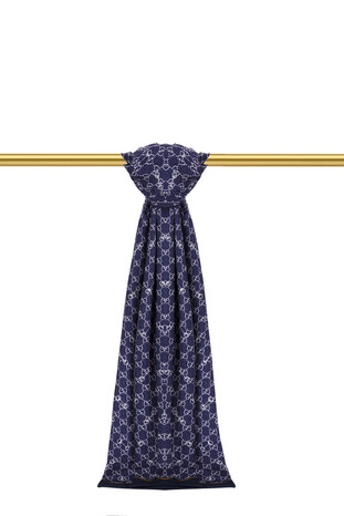 Navy Blue G Pattern Wool Silk Scarf - Thumbnail