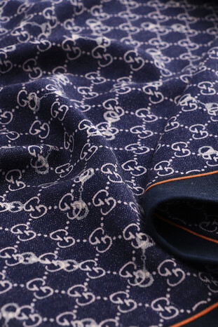 Navy Blue G Pattern Wool Silk Scarf - Thumbnail