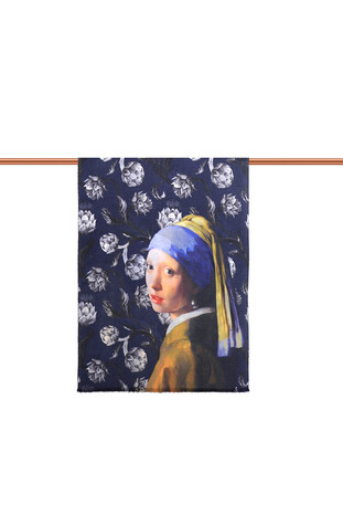 Navy Blue Girl with Pearl Earring Pattern Winter Shawl - Thumbnail