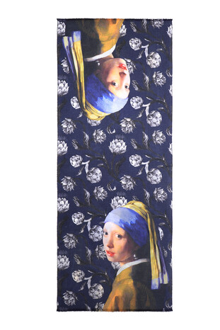 Navy Blue Girl with Pearl Earring Pattern Winter Shawl - Thumbnail