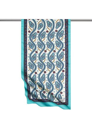 Navy Blue Green Row Tulip Pattern Narrow Silky Foulard - Thumbnail