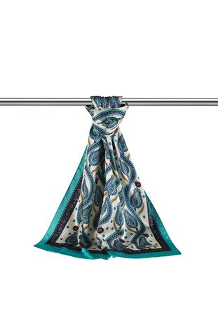 Navy Blue Green Row Tulip Pattern Narrow Silky Foulard - Thumbnail