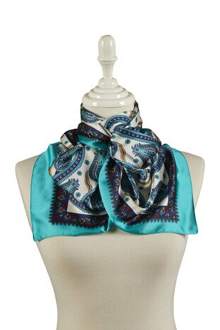 Navy Blue Green Row Tulip Pattern Narrow Silky Foulard - Thumbnail